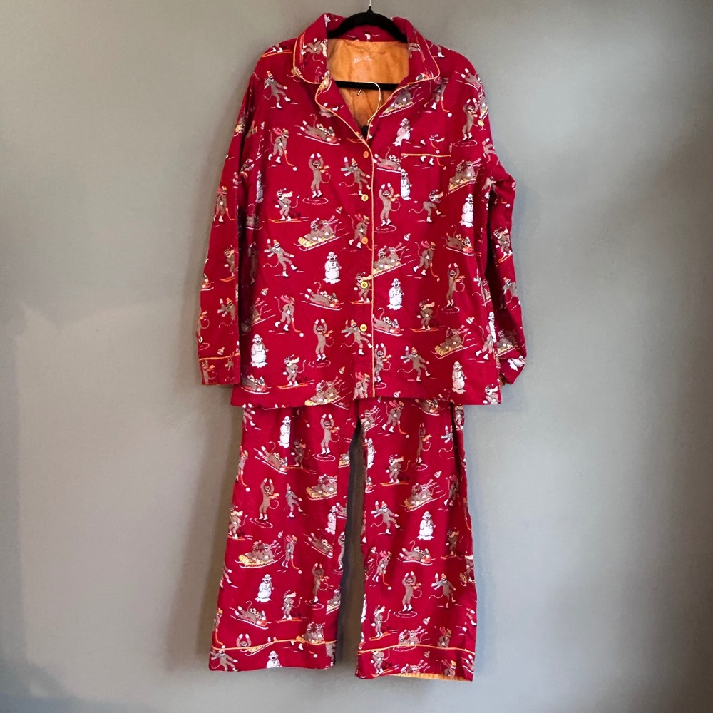 Nick & Nora Sock Monkey Snowman Flannel Pajama Set Red Cotton Large